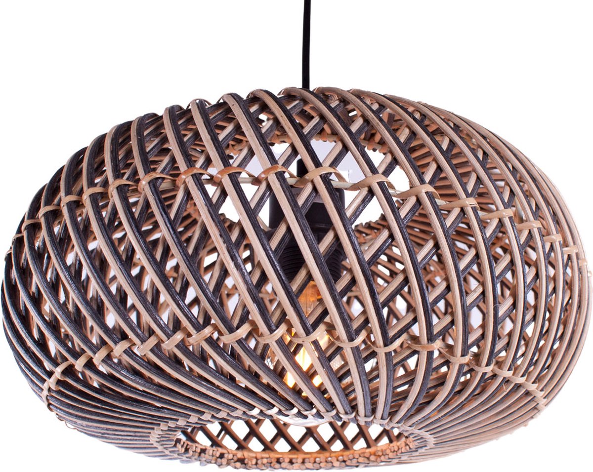 Rattan hanglamp Stripes | 1 lichts | zwart / naturel | rattan / metaal | Ø 40 cm | in hoogte verstelbaar tot 140 cm | eetkamer / eettafel / woonkamer lamp | modern / landelijk design