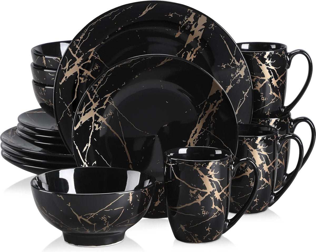 Serviesset - Serviessets - Serviesset 4 personen - Zwart Met Goud - Porselein - 16-delig Servies - Dinerbord - Dessertbord - Kom - Mok