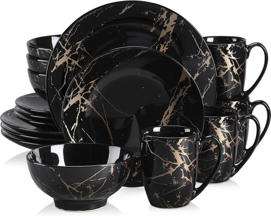 Serviesset - Serviessets - Serviesset 4 personen - Zwart Met Goud - Porselein - 16-delig Servies - Dinerbord - Dessertbord - Kom - Mok