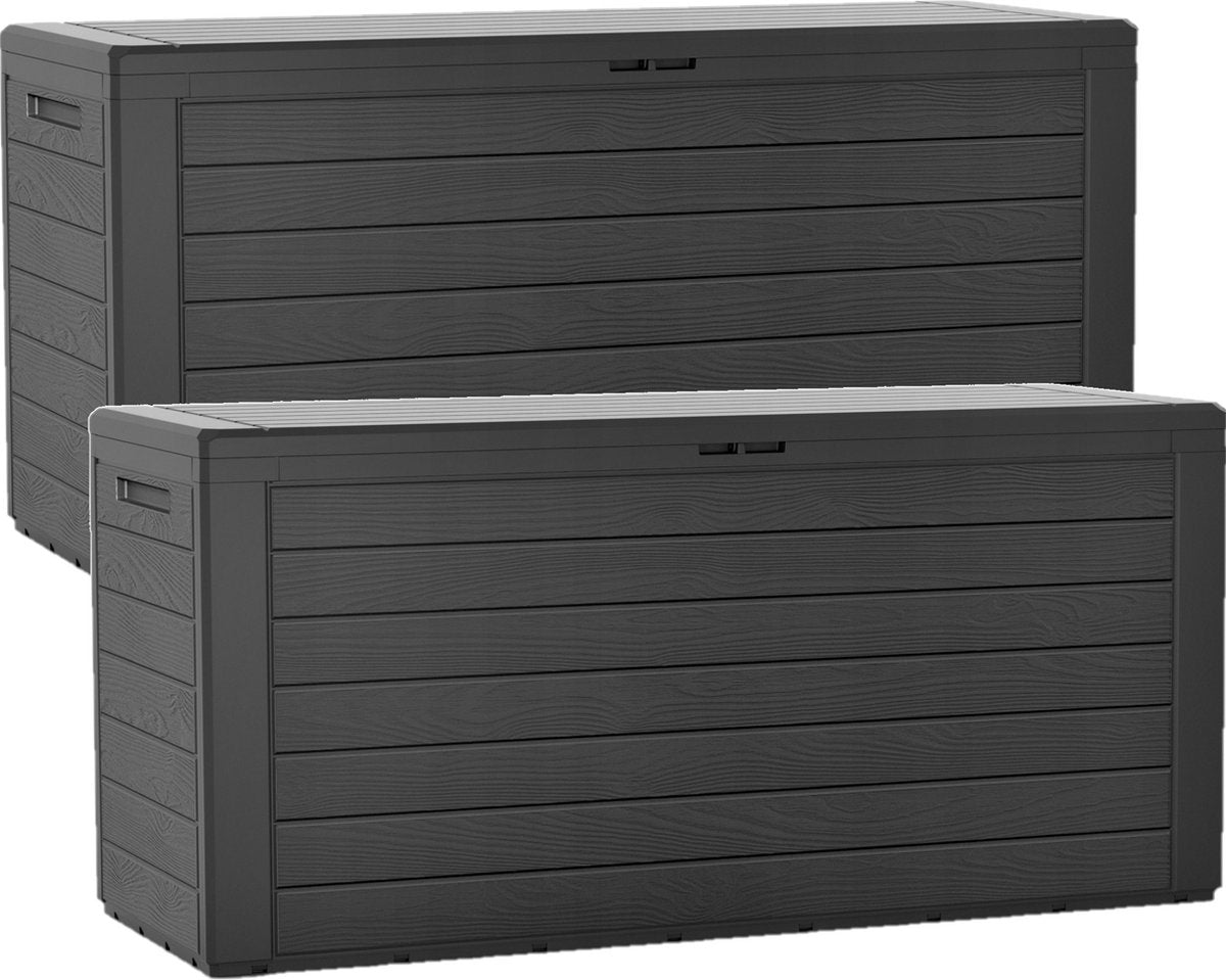 2x Antraciet tuinkussen opbergbox houtpatroon 280 liter - Tuinopbergers antraciet