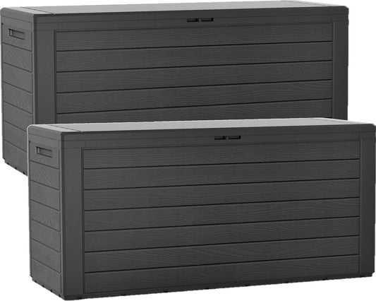 2x Antraciet tuinkussen opbergbox houtpatroon 280 liter - Tuinopbergers antraciet