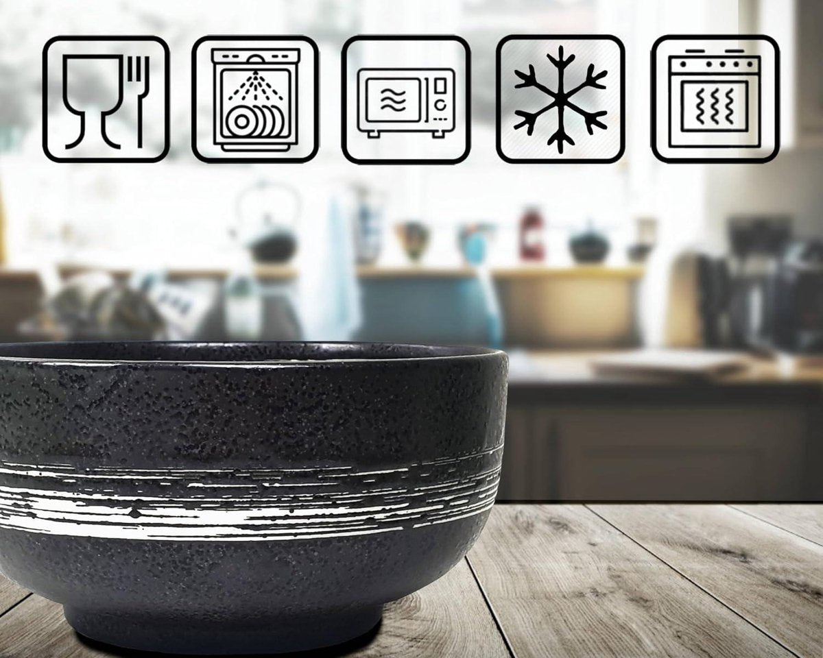Premium hand-painted ceramic bowls with lid - black and white - 1100 ml - Japanese design - for Buldak ramen noodles Pho Soba