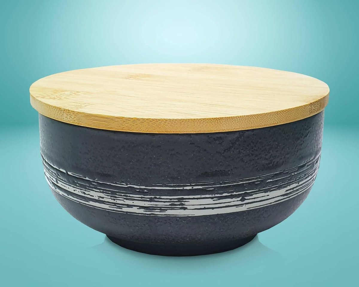 Premium hand-painted ceramic bowls with lid - black and white - 1100 ml - Japanese design - for Buldak ramen noodles Pho Soba