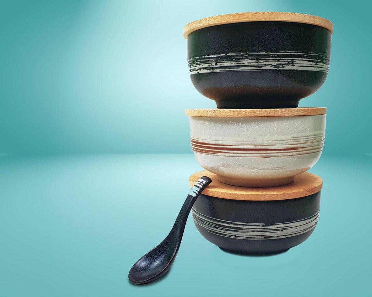 Premium hand-painted ceramic bowls with lid - black and white - 1100 ml - Japanese design - for Buldak ramen noodles Pho Soba
