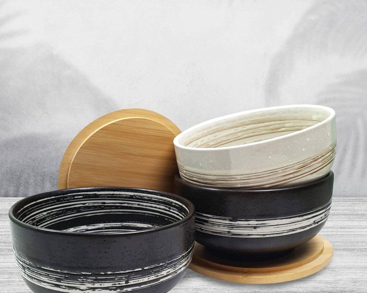 Premium handpainted ceramic bowls with lid - black and white - 1100 ml - Japanese design - for Buldak ramen noodles Pho Soba