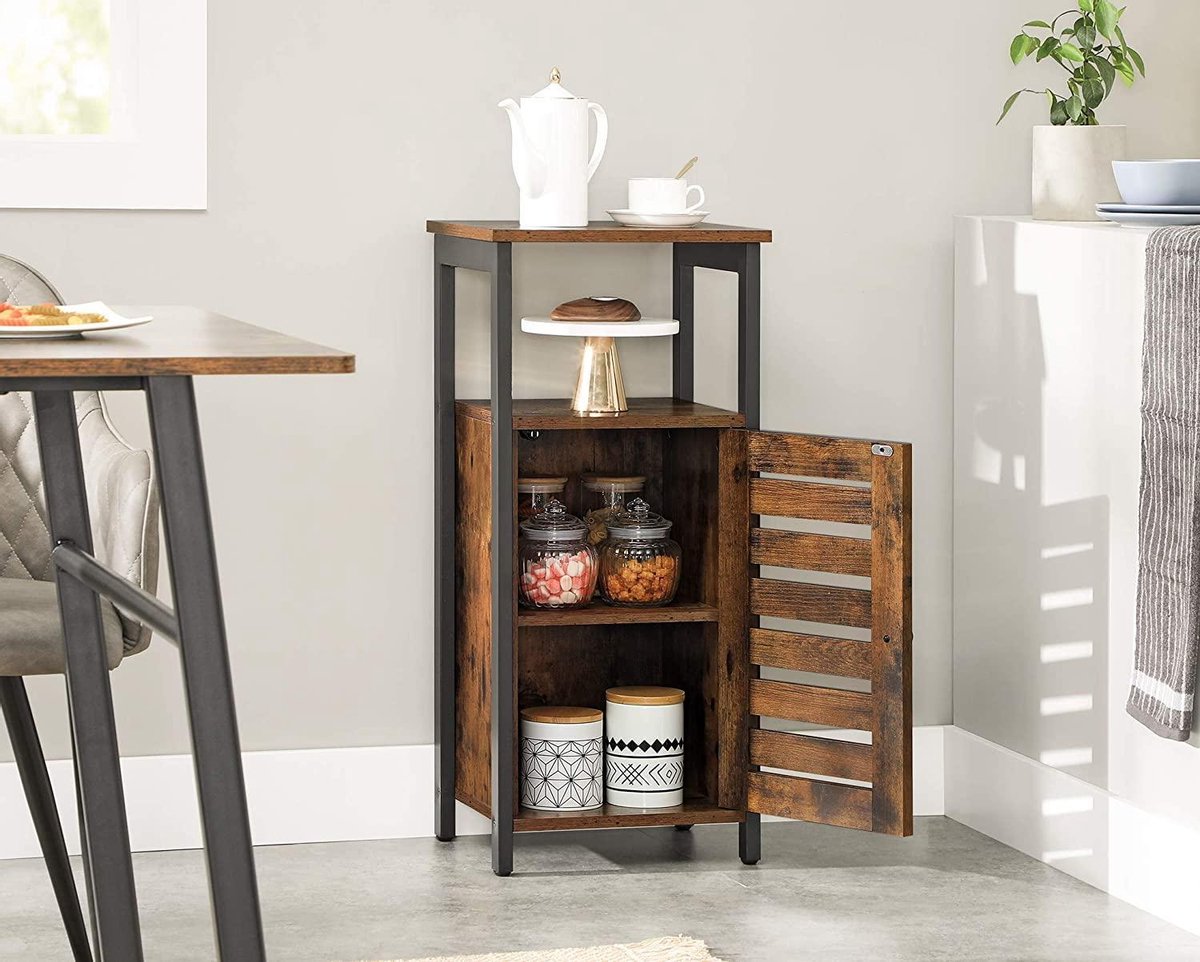 Bijzettafel, nachtkastje, bijzettafel, stabiel nachtkastje met 2 open planken, nachtkastje in industrieel design, woonkamer, slaapkamer, hal, vintage LSC34BX