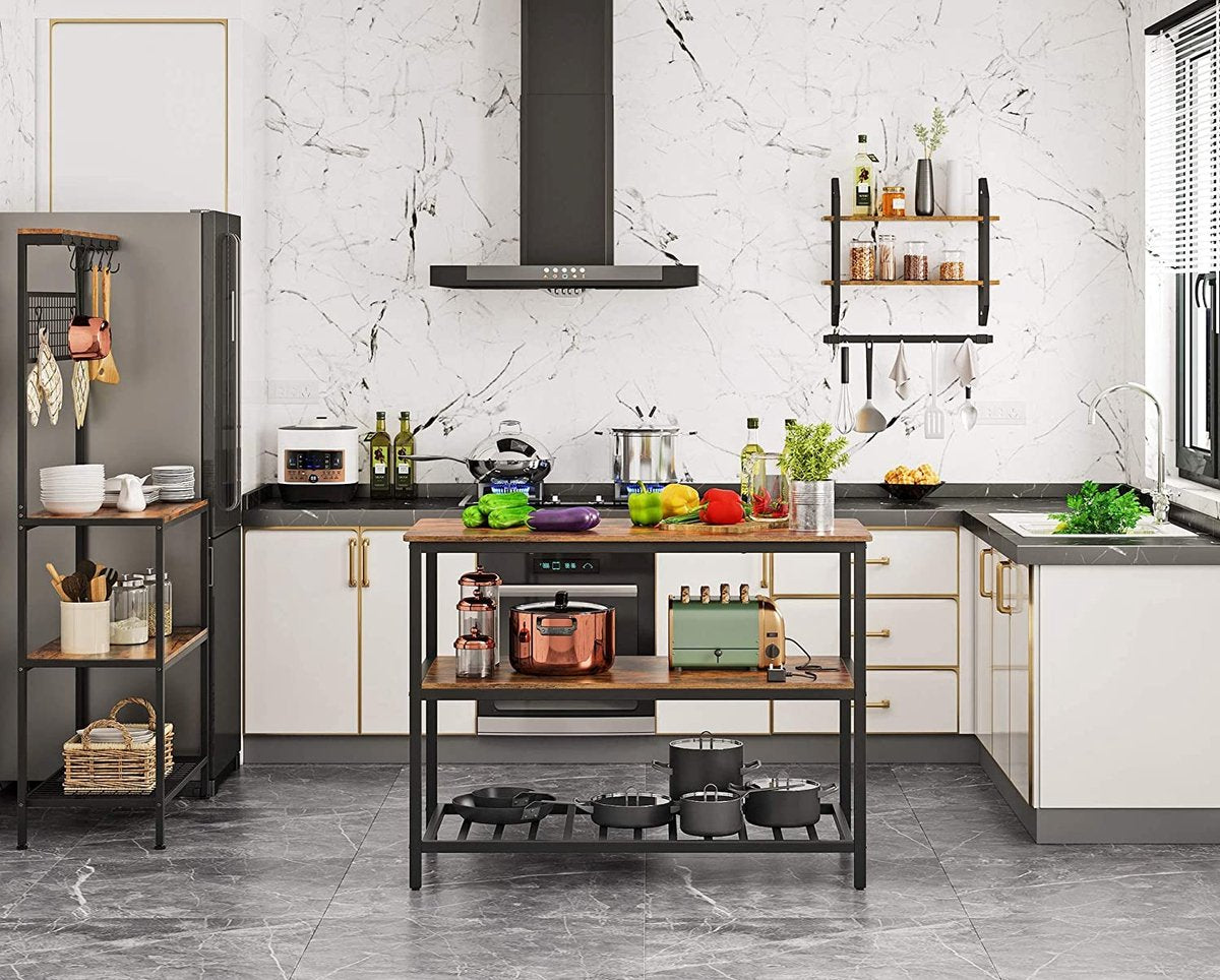 Kitchen Shelf with 3 Shelves, Kitchen Island with Large Worktop, Stable Metal Frame, 120 x 60 x 90 cm, Easy Assembly, Industrial Design, Vintage Brown-Black KKI01BX