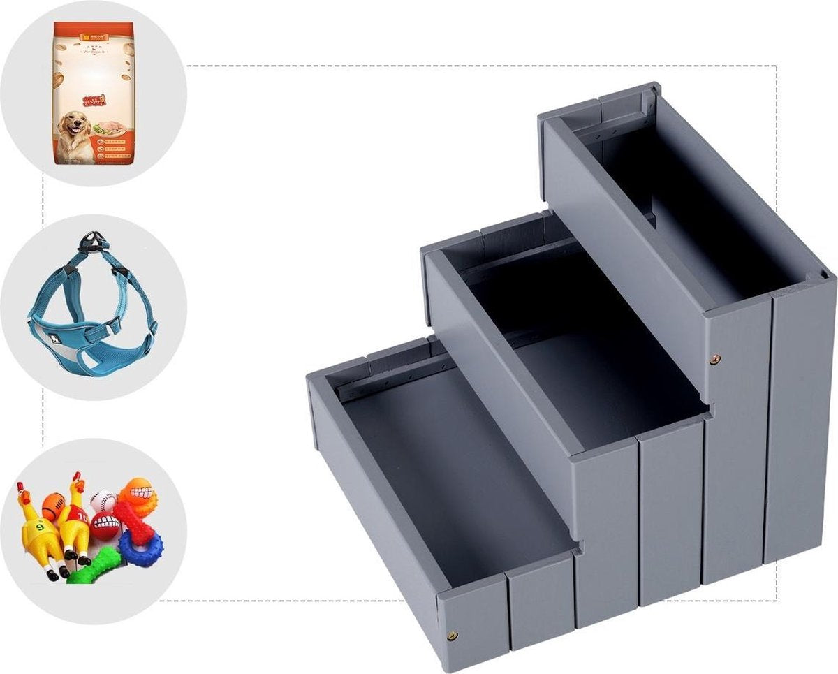 Dog Stairs with Carpet Covering - With Storage Space - Cat Stairs - Small Stairs - Dogs - Cat - Animals - Wood - Grey - 40.5 x 44.5 x 38 cm