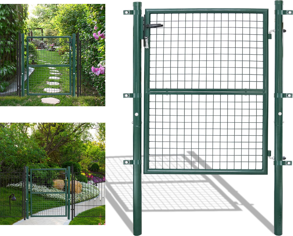 Tuinpoort Tuinpoort gepoedercoat staal Tuinpoort-Tuindeur hek poort 125 × 100 cm boerderij poort van gegalvaniseerd staal met slot, deurklink en sleutel, stevig en duurzaam-groen