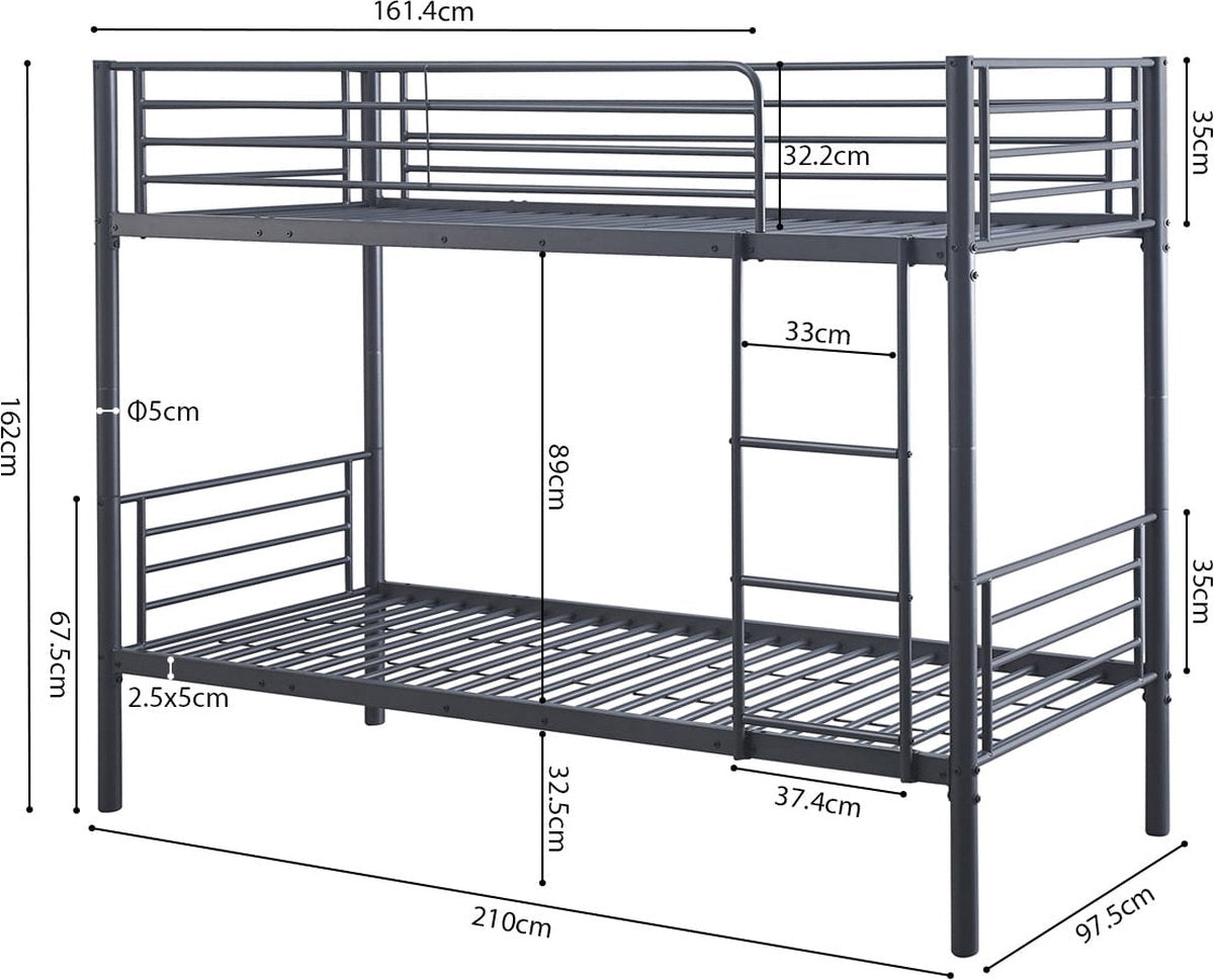 Bunk Bed Becky Dark Grey - Metal - 90x200cm - Height 162 cm