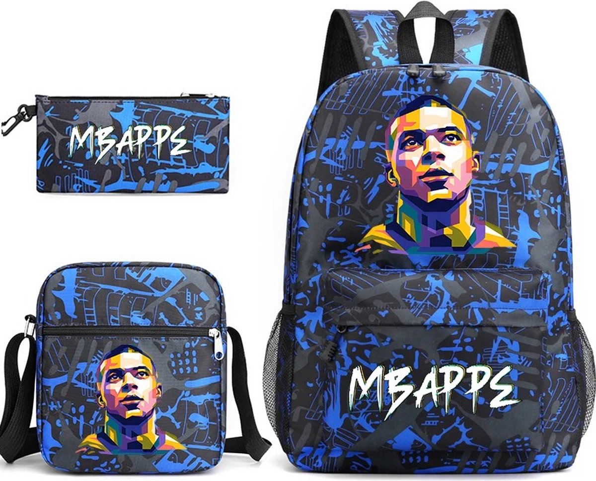 Verkoop Nederland® - Fashion - Rugzak - Mbappe - Meisjes - Jongens - Kinderen Schooltas - Zwart/Blauw - Tiener - 20-35 Liter - Met Gratis Schoudertas + Pennenzak)