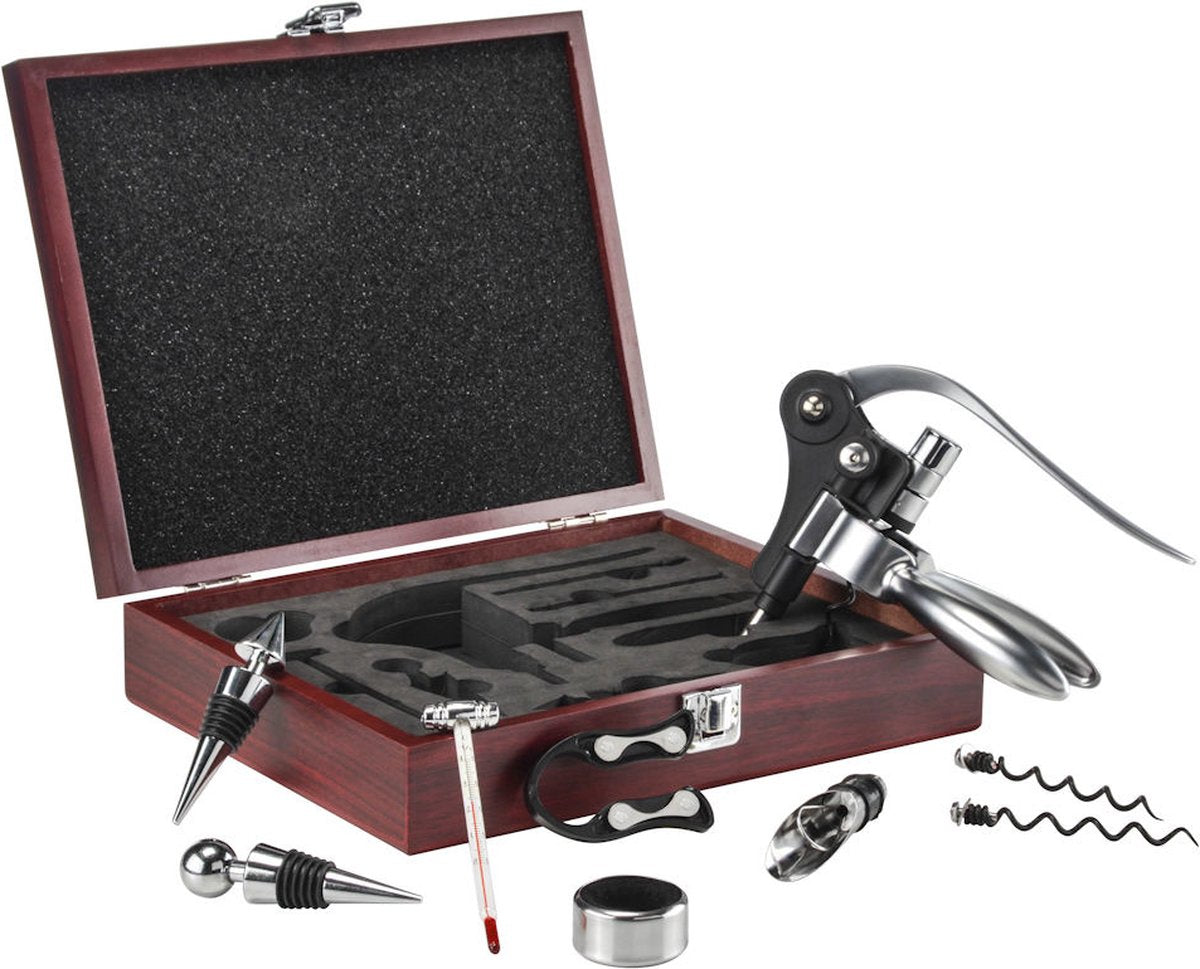 10-Piece Luxury Wine Set - Wine Bottle Accessory Set - Wine Tools - Wine Corkscrew - In Luxury Wooden Storage Box - Gift Set