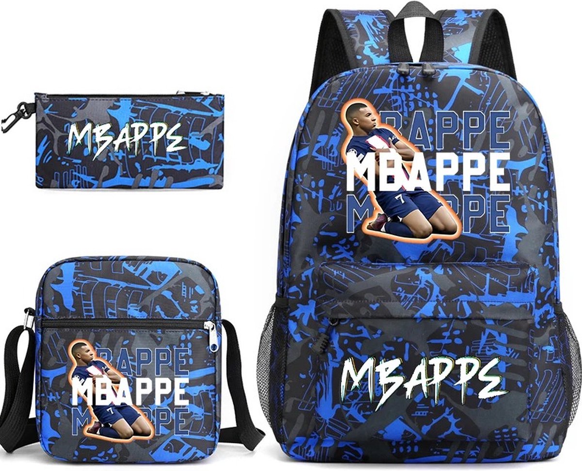 Verkoop Nederland® - Fashion - Rugzak - Mbappe - Meisjes - Jongens - Kinderen Schooltas - Zwart/Blauw - Tiener - 20-35 Liter - Met Gratis Schoudertas + Pennenzak)