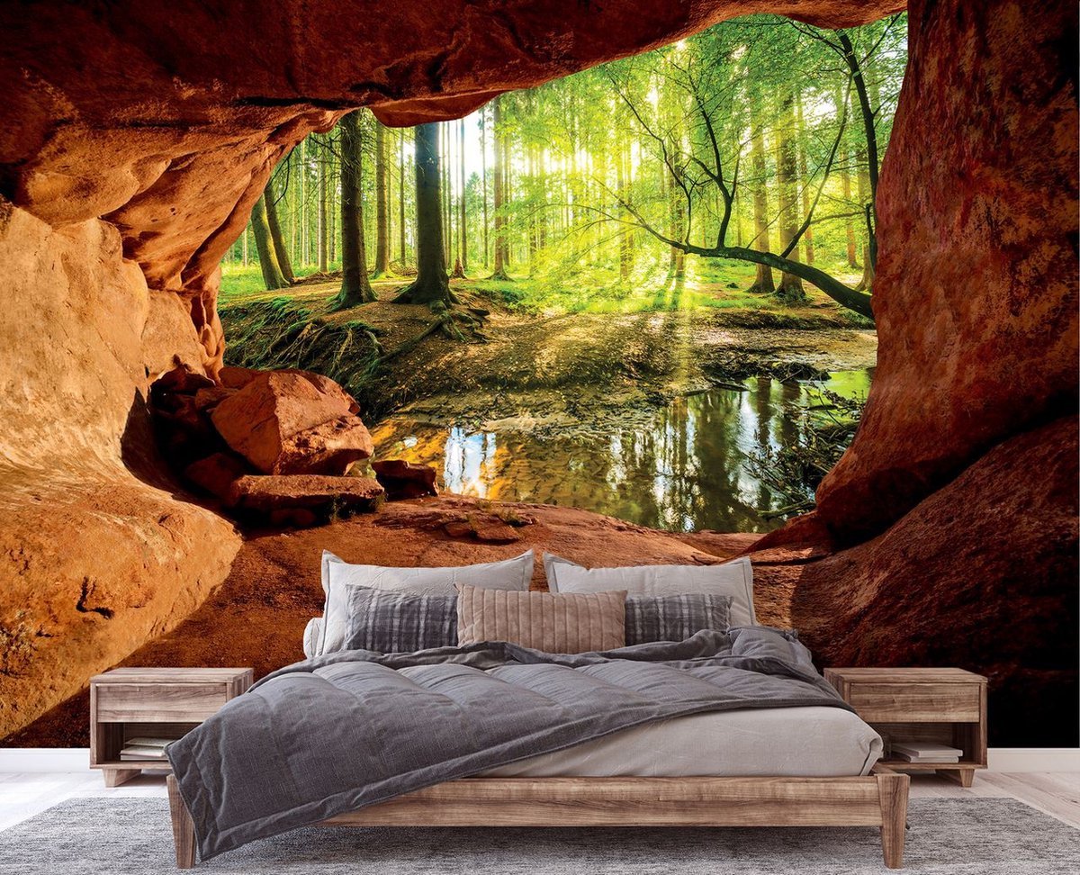 Fotobehang - Vliesbehang - 3D Uitzicht vanuit de Grot op het Bos - 368 x 280 cm