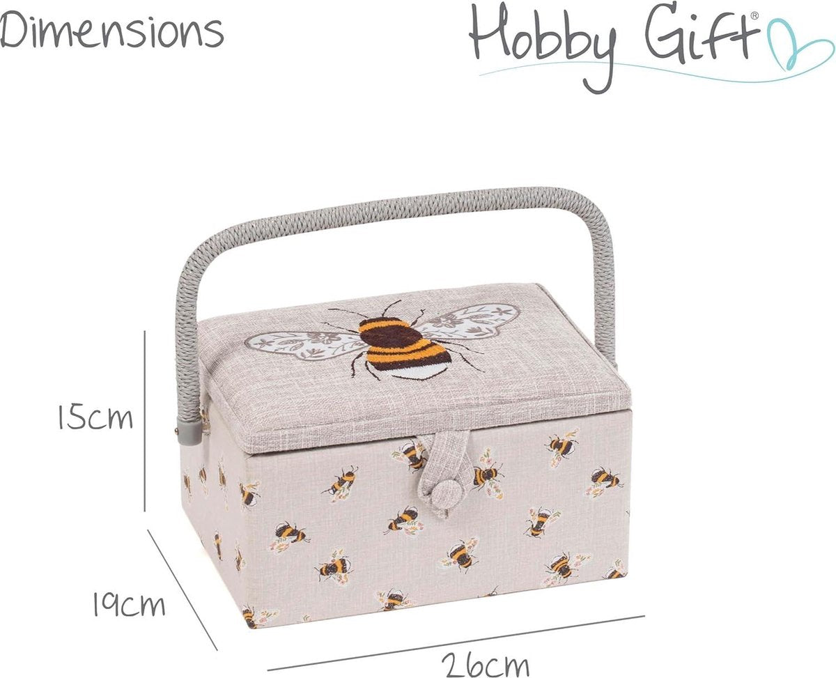 Sewing Box Hobby Gift - Exclusive medium craft box with accessory drawer and pincushion - PVC handle - 185 x 255 x 145 cm - Embroidered Bees Sewing Box