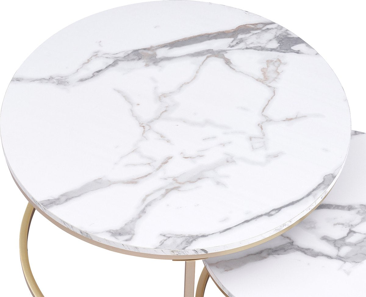Moderne Salontafel - Set van 2 - 60 en 40 cm - Koffietafel - Bijzettafel - 2 Stuks - Ronde Salontafel - Salontafels Industrieel - Marmerlook - Wit - Goud