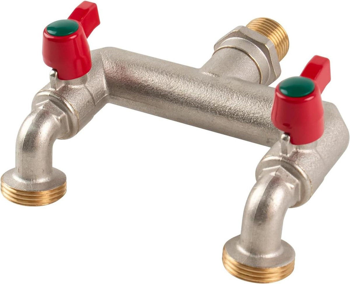 Double tap T-distributor 1/2 inch for garden and and washing machine - with 2 3/4 inch BSP garden hose tap connection Outside tap