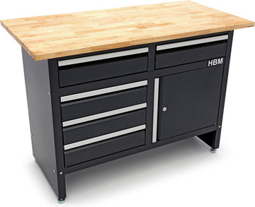 120 Cm Werkbank Met 5 Laden 1 Deur en Massief Houten Werkblad