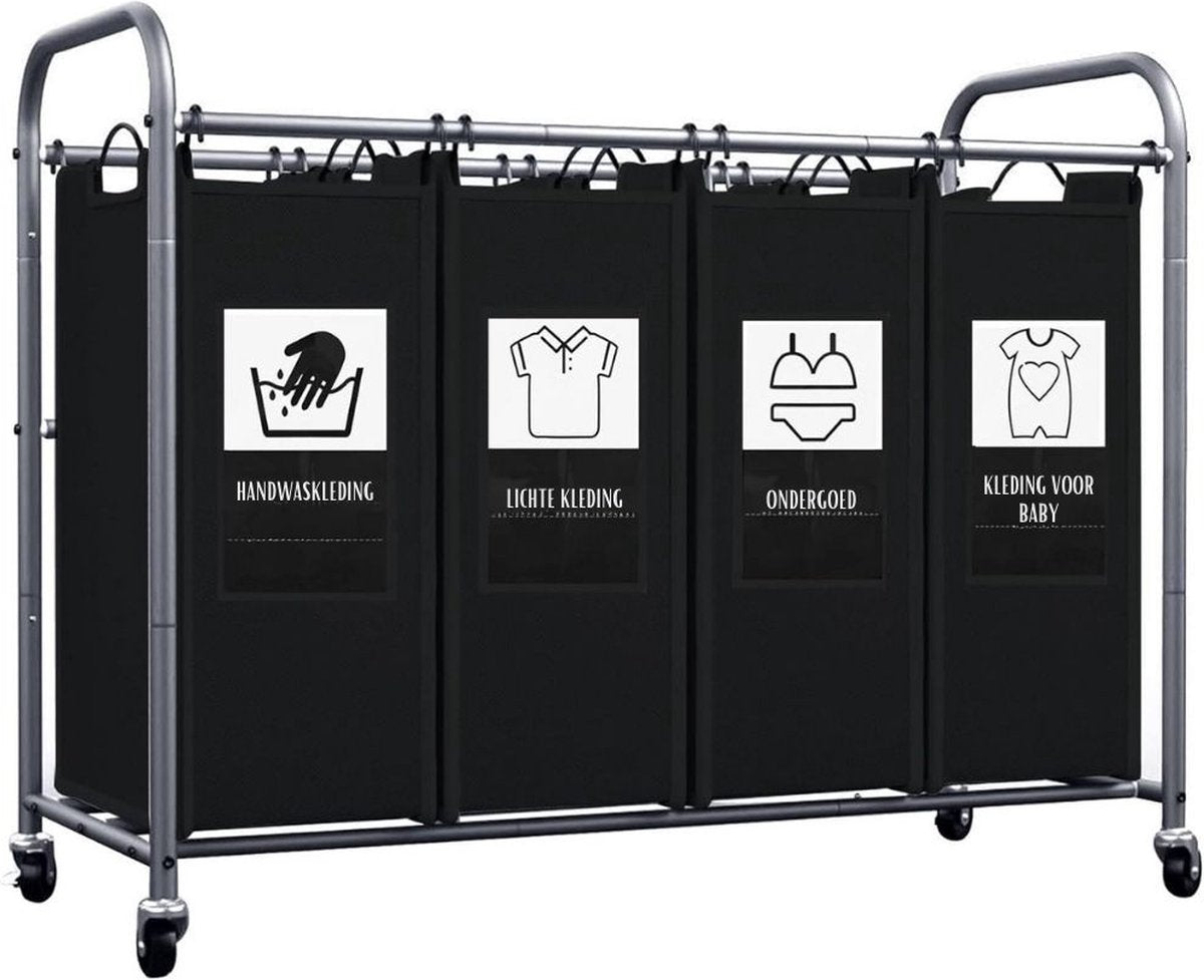 Wassorteerder 4 vakken - Wasmand 4 vakken - Wasmand Op Wieltjes – Wassorteerder Met Verwijderbare Zakken - Dubbele wasmand Met 6 Sorteerkaarten – Wasmanden - 99 x 43 x 79 cm