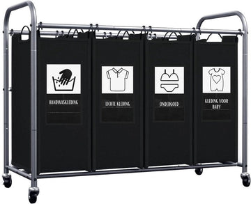 Wassorteerder 4 vakken - Wasmand 4 vakken - Wasmand Op Wieltjes â€“ Wassorteerder Met Verwijderbare Manden - Dubbele wasmand Met 6 Sorteerkaarten â€“ Wasmanden - 99 x 43 x 79 cm