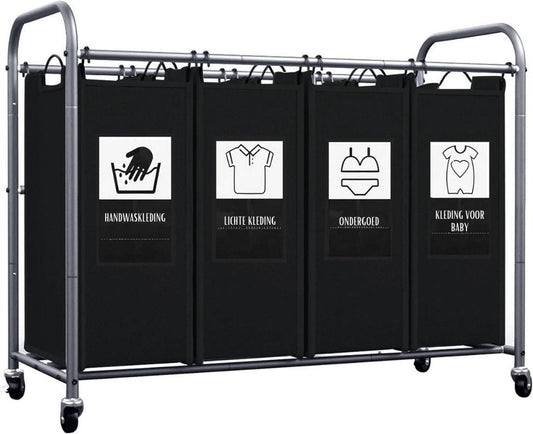 Wassorteerder 4 vakken - Wasmand 4 vakken - Wasmand Op Wieltjes – Wassorteerder Met Verwijderbare Zakken - Dubbele wasmand Met 6 Sorteerkaarten – Wasmanden - 99 x 43 x 79 cm
