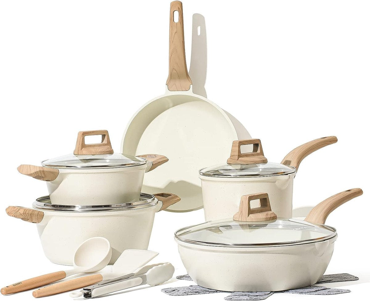 CAROTE Pannenset 14-delig, Bestaande uit een pan van 24/28 cm, 18/20/24 cm Kookpan met deksel en keukengerei, Niet giftig, Compatibel met alle fornuizen