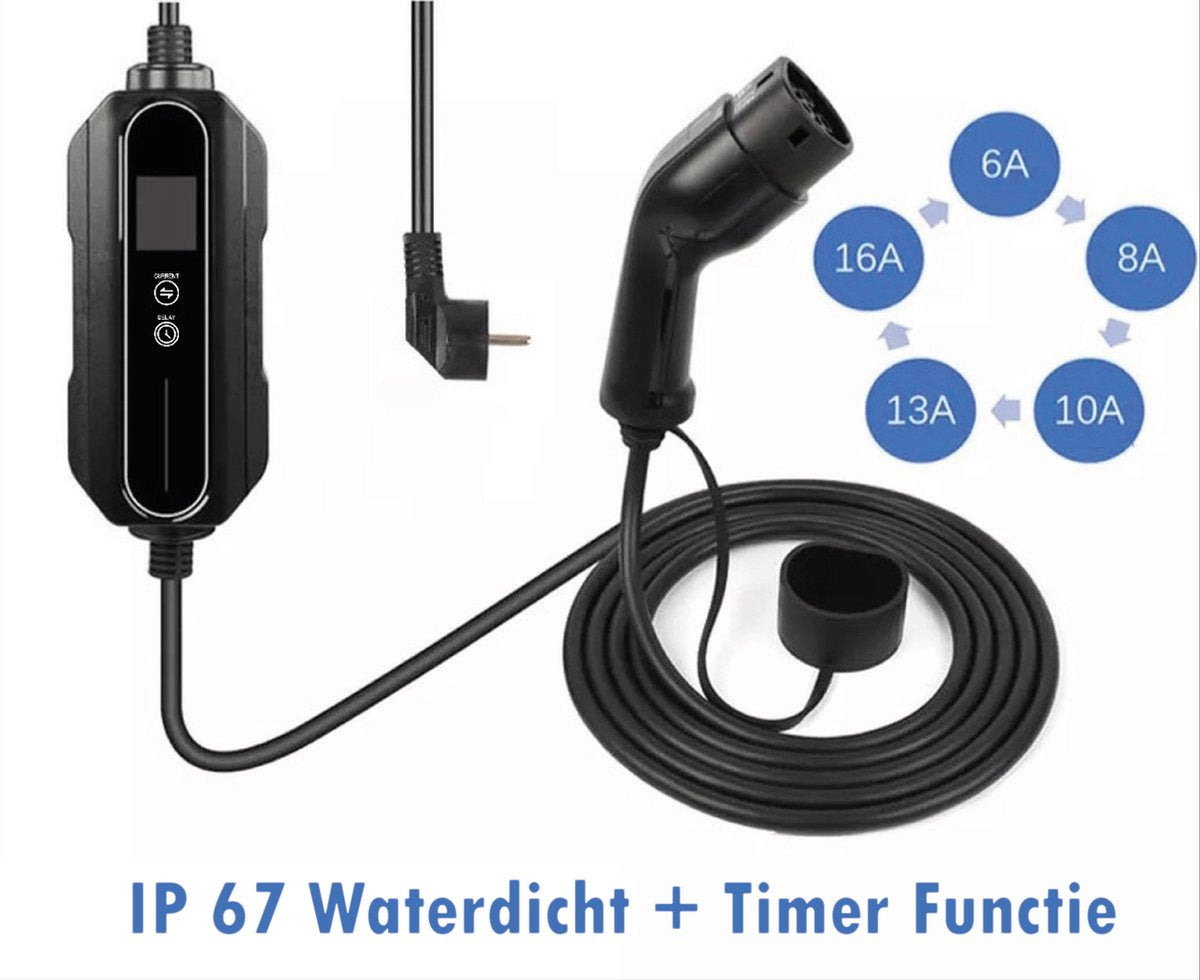 Mobile EV Charger 3.7kW | IP67 Waterproof | 16A 1-Phase | 5 Meter | Home Charger Type 2 from EU socket - 8A/10A/13A/16A Switchable |