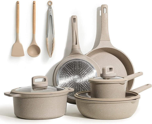 11-Piece Pan Set - Frying Pans 24-28cm, Wok 28cm, Sauce Pans 16-24cm - Silicone Cutlery Steak Tongs - Non-Toxic - Suitable for All Cooktops camping pan set