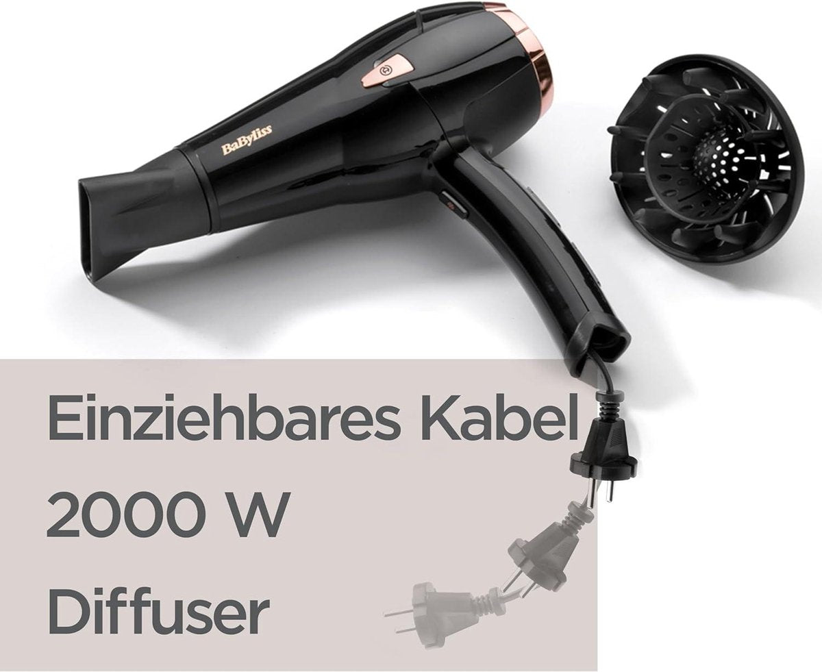 2000 watt BaByliss D373E Cordkeeper haardroger met ionische anti-frizz-functie en intrekbaar snoer föhn met diffuser