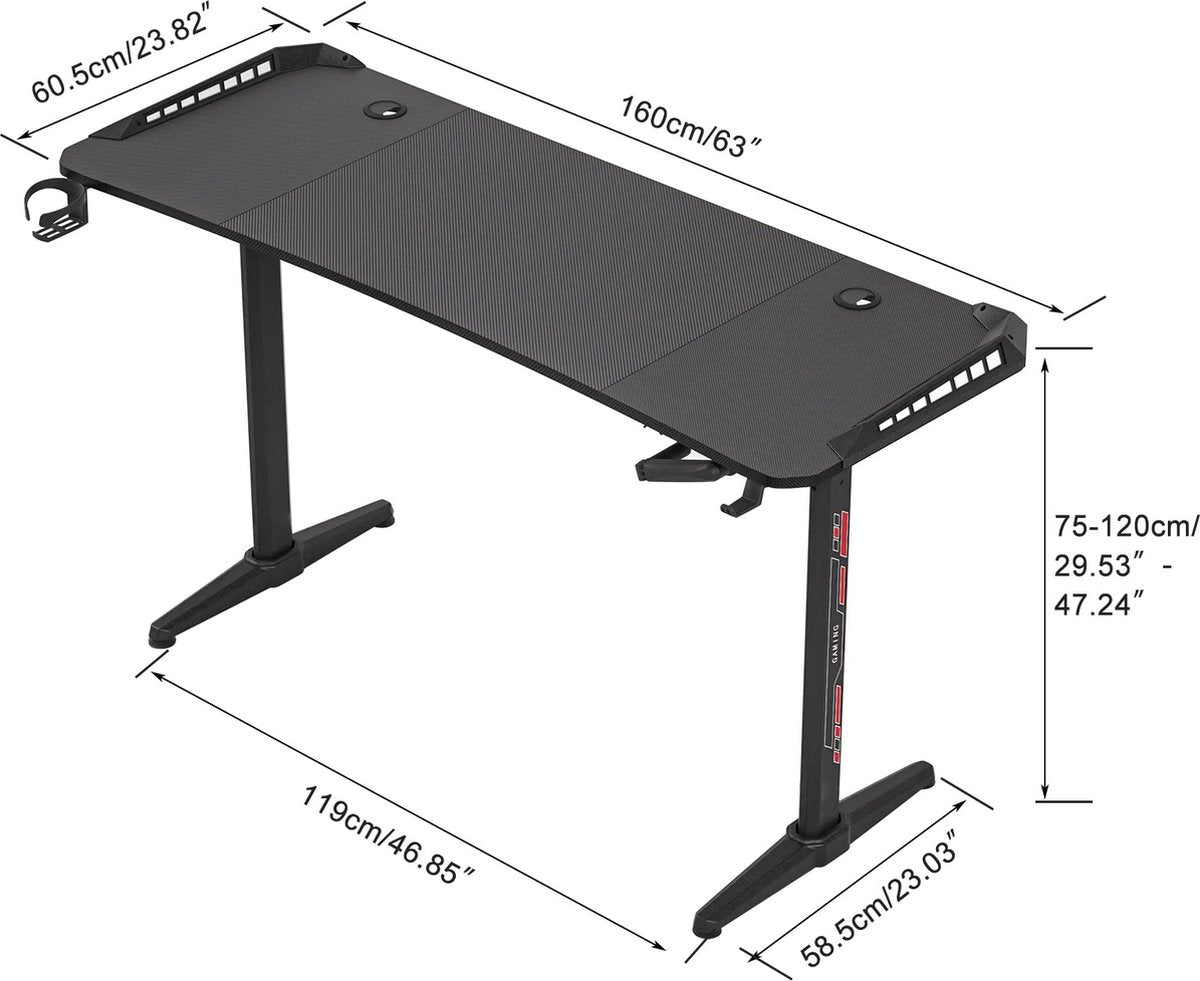 vanBoni Gaming Bureau Hoogte verstelbaar - Gaming Desk - Gaming Bureau met Led Verlichting - Zit Sta Bureau - 160x60x120CM - Zwart