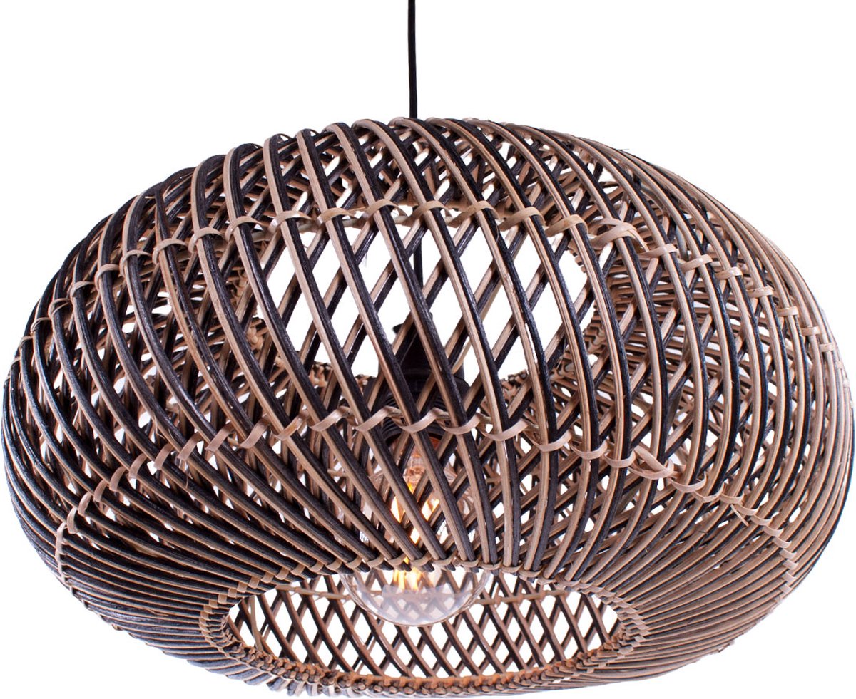 Rattan pendant lamp Stripes | 1-light | black / natural | rattan / metal | Ø 40 cm | height adjustable up to 140 cm | dining room / dining table / living room lamp | modern / rustic design