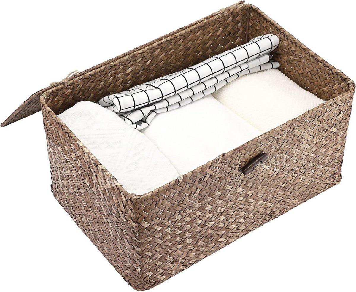 Rieten mand met deksel Sweet Living Opbergmand van zeegras voor bureau en badkamer - geweven zeegras opbergdoos planken - decoratieve mand - multifunctionele opbergmand - koffie groot Rieten mand met deksel sweet living