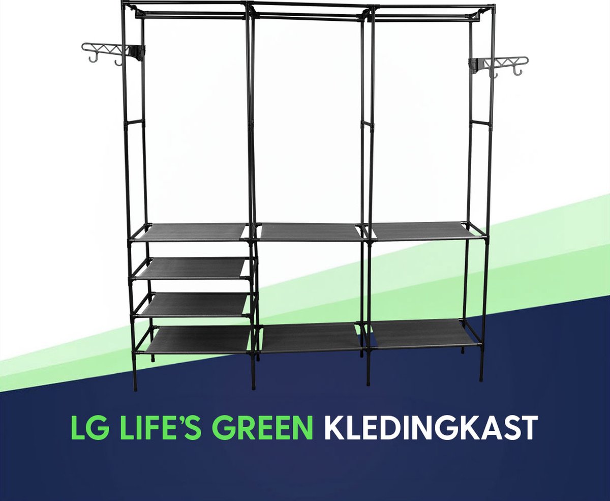 LG Life's Green Opvouwbare Kledingkast – 160x36x170CM – Kledingrek met 8 Legplanken en Ophangstang – Met 4 ophanghaken – Stoffen Kledingkast – Wit