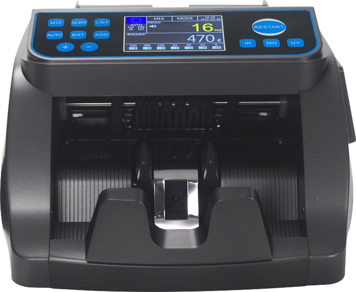 Money Counting Machine & Banknote Counter - 5-fold Counterfeit Detection - 1000 bills/minute - 5-fold counterfeit detection - Add & batch function - Carrying handle - Alarm - Incl. Free Storage and Dust Cover and Counterfeit Money Pen