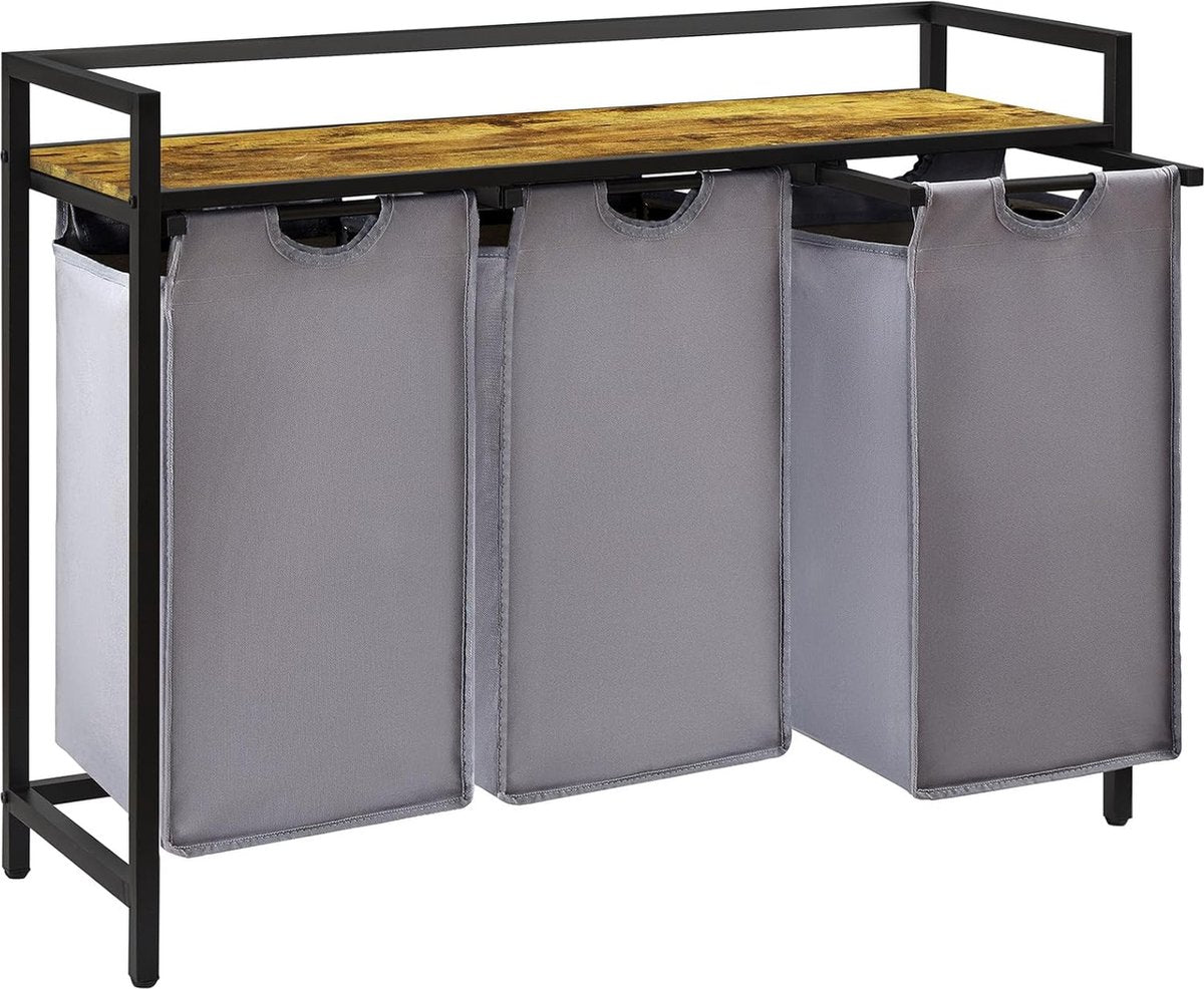 3-vaks wasmand van 120 liter met opbergruimte en uitneembare zakken, wassorteerder voor wasruimte, slaapkamer, badkamer, studentenkamer, grijs