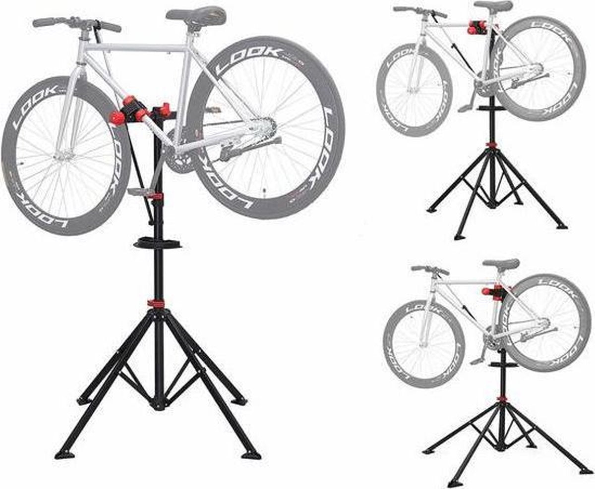 Decopatent® Sterke Montagestandaard Fiets - 360° Draaibaar - Verstelbaar + Gereedschapsbakje - Fiets Montage reparatie standaard