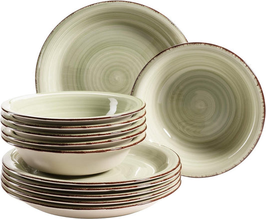 Dining set for 6 people in a modern vintage look, 12-piece dinnerware set, hand-painted, green, earthenware