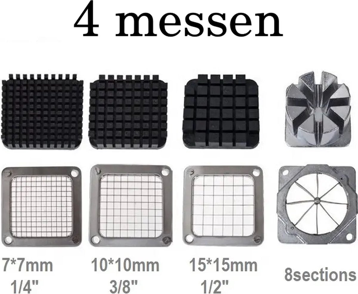 Professionele frietsnijder Aluminium - Stevig - Patat - 4 Opzetstukken - Partjes - Met noppen - Vlaamse friet - Franse frietjes - Normale patat - Groenten snijden