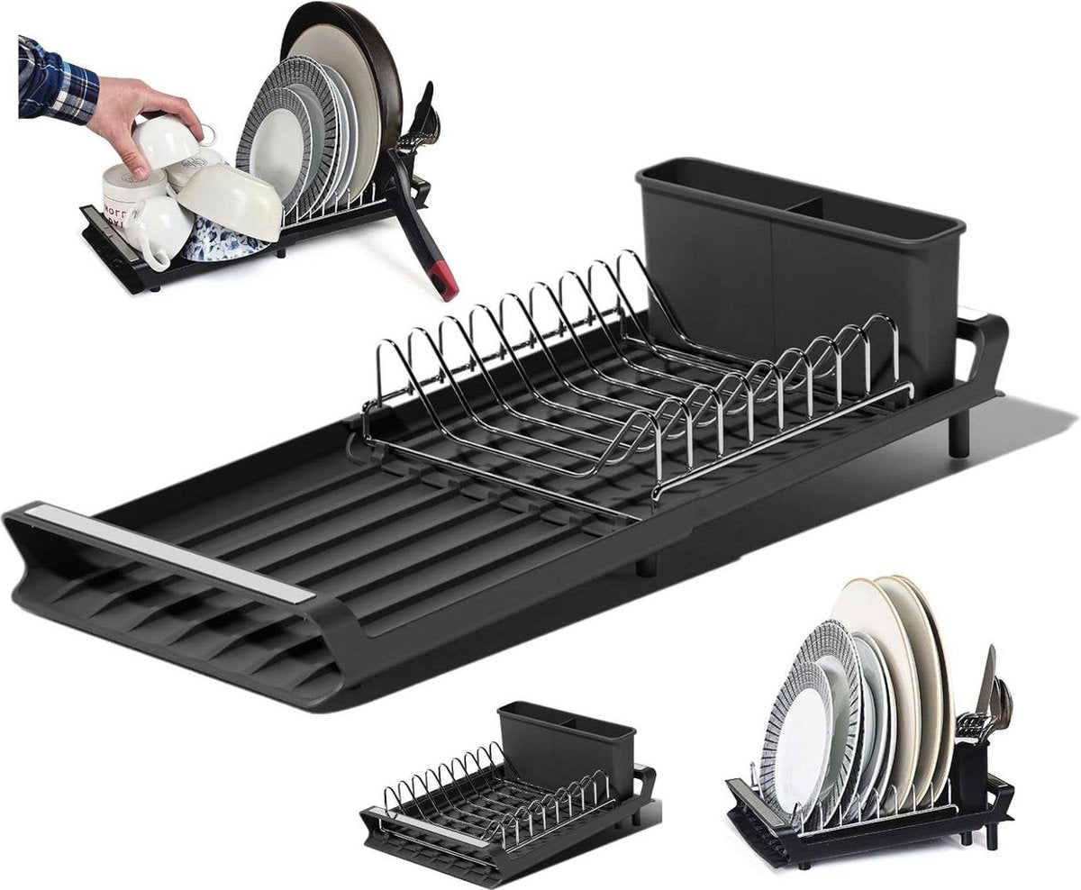 Compact Uitschuifbaar Afdruiprek Zwart - Klein Afwasrek met Lekbak - Gootsteen Verstelbaar Afwasrek - Bestekhouder - Antislip Voetjes - Roestvrij - 28/47 x 20cm Afdruiprek met Lekbak Inklapbaar