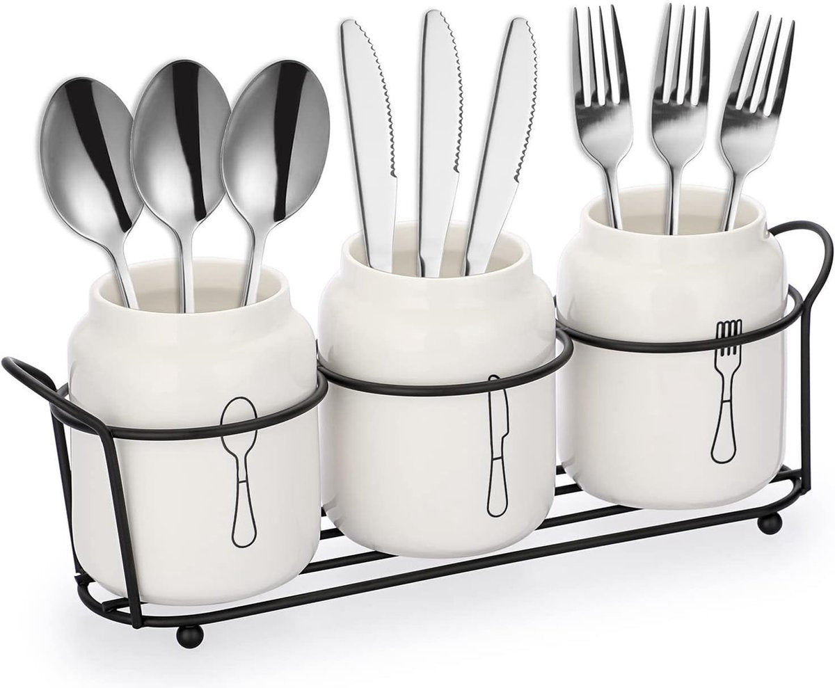 3-delige keramische bestekset - bestekmand metaal - lepelhouder aardewerk - wit Bestek organizer