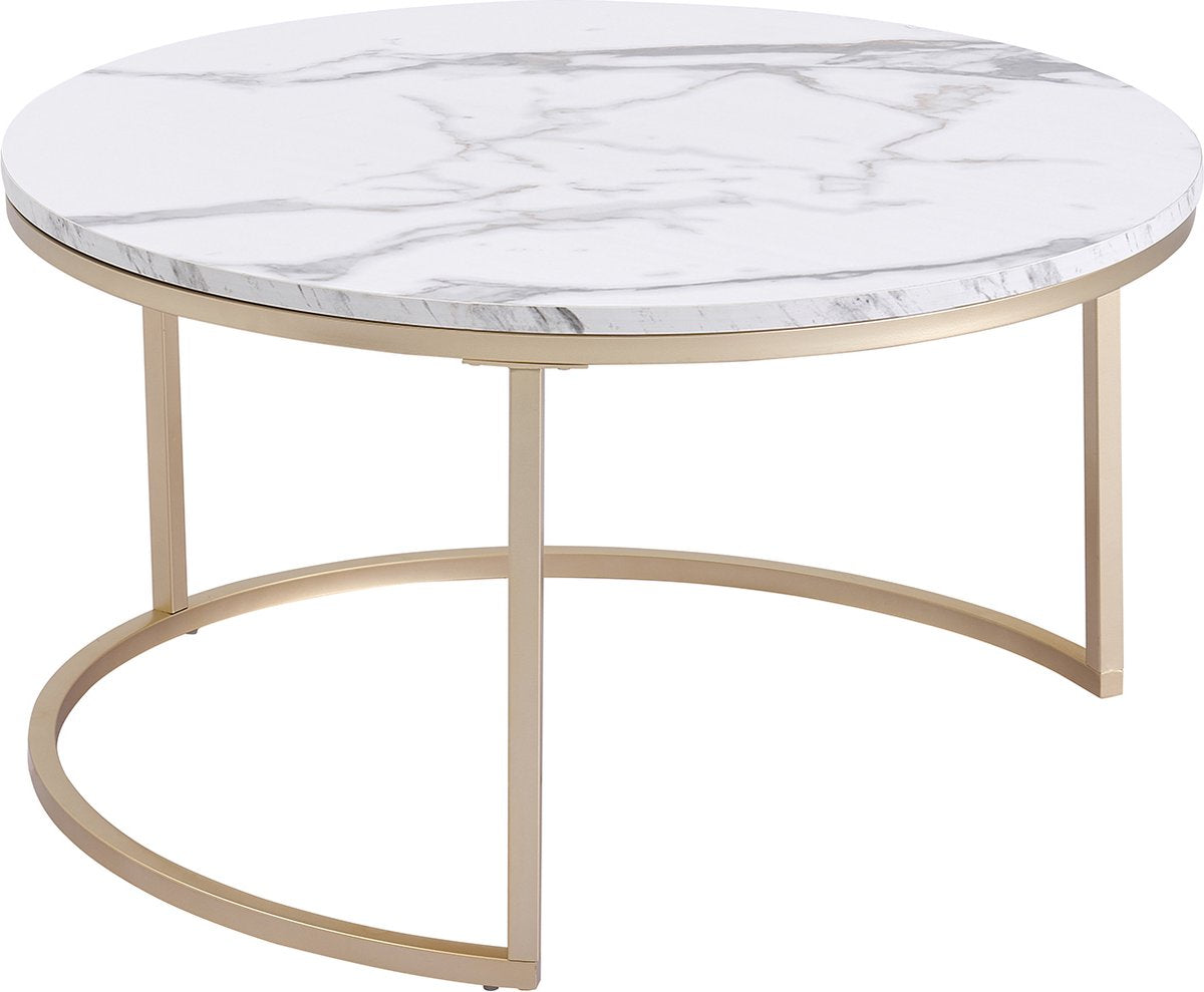 Moderne Salontafel - Set van 2 - 60 en 40 cm - Koffietafel - Bijzettafel - 2 Stuks - Ronde Salontafel - Salontafels Industrieel - Marmerlook - Wit - Goud