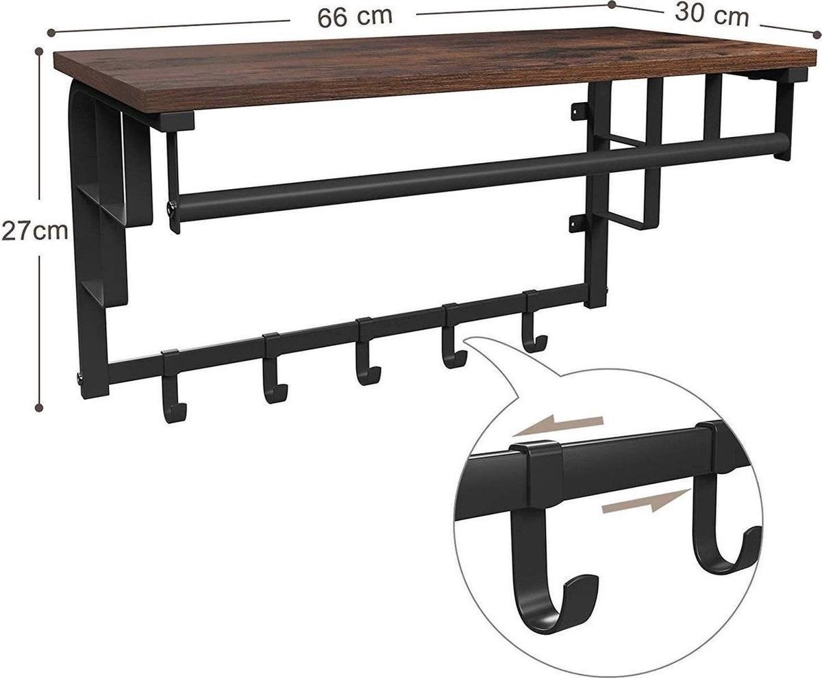 Parya Home - Vintage Kapstok met Hoedenplank - Hangende Wandkapstok in Metaal / Hout - 66cm lang - Bruin / Zwart