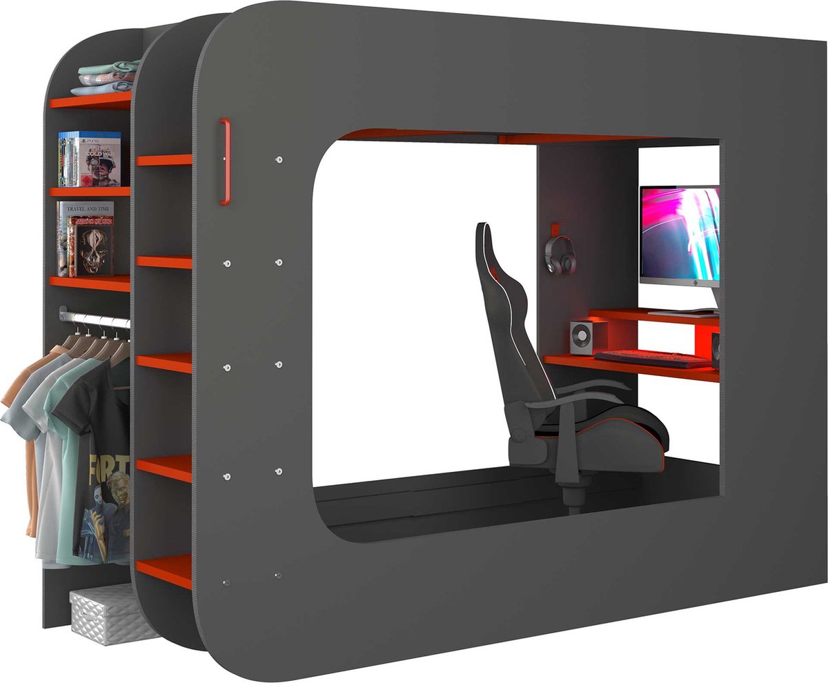 Hoogslaper 90 x 200 cm - Met gamingbureau en opbergruimte - LED's - Antraciet & rood - WARRIOR B 238.1 cm x H 183.6 cm x D 97.6 cm