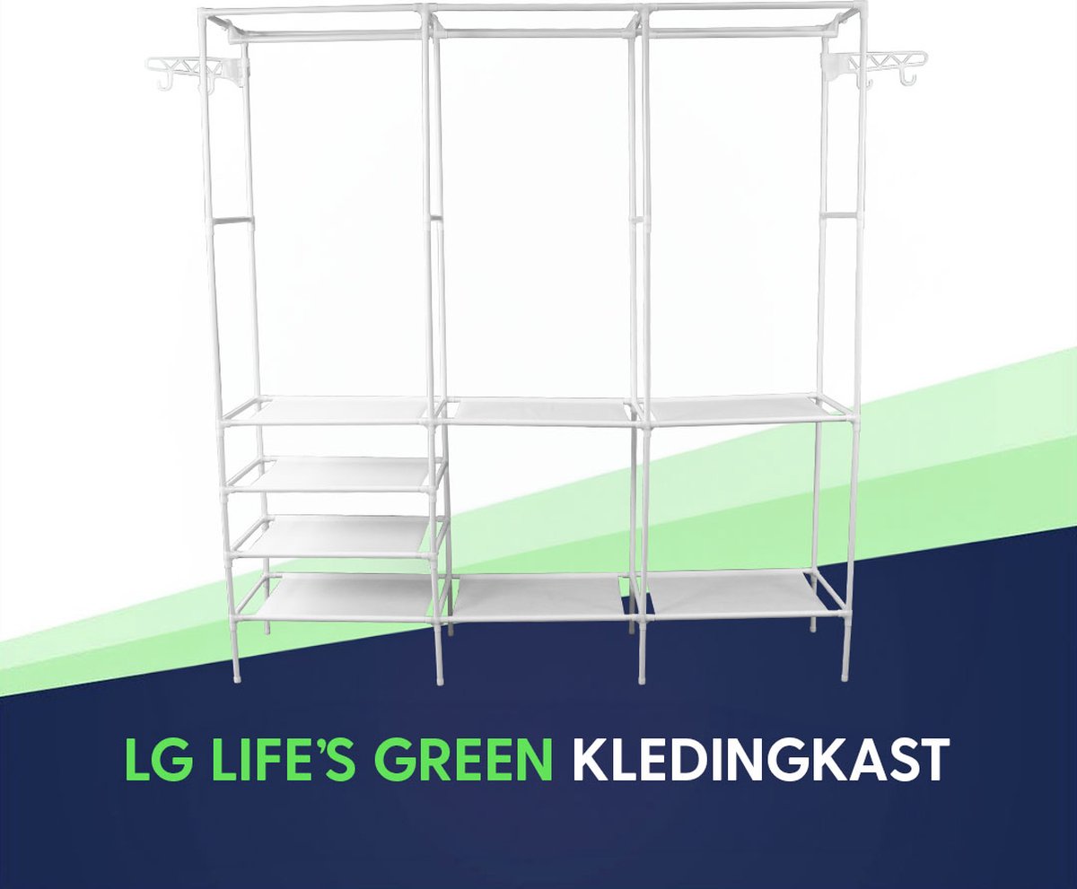 LG Life's Green Opvouwbare Kledingkast – 160x36x170CM – Kledingrek met 8 Legplanken en Ophangstang – Met 4 ophanghaken – Stoffen Kledingkast – Zwart