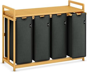 Wassorteerder 4 vakken - Wasmand 4 vakken 200 Liter - Wasmand Met Opbergplank â€“ Wassorteerder Met Afneembare Manden - Dubbele wasmand - Duo Wasmand â€“ Wasmanden - 107 x 42 x 77 cm