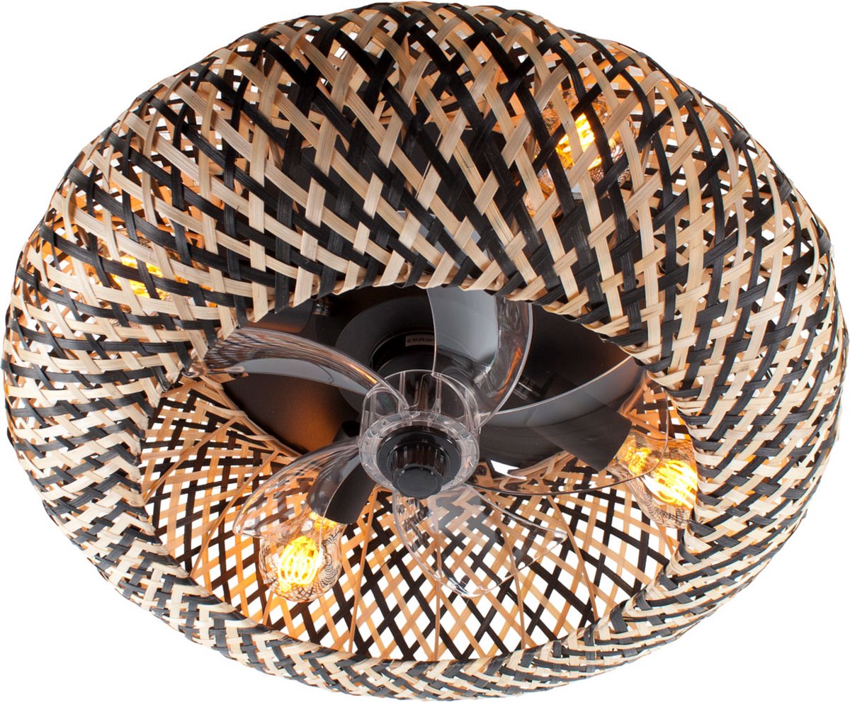 Ceiling fan with light - Rattan natural / black Ø 50 cm