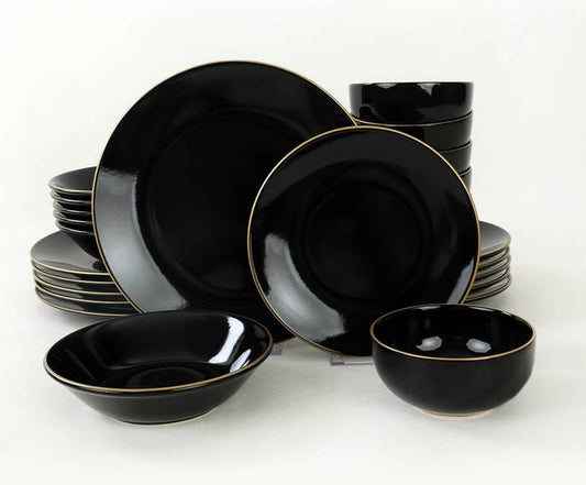 Asir Serviesset - Dinerset (24 Stuks). Zwart/Goud - Serveerbord: 26 cm (6 stuks) Bord: 18 cm (6 stuks) Neemt geen water op Antibacterieel Eenvoudig te reinigen Materiaal Bestand tegen thermische schokken Oppervlaktehardheid 100% KERAMISCH AARDEWERK