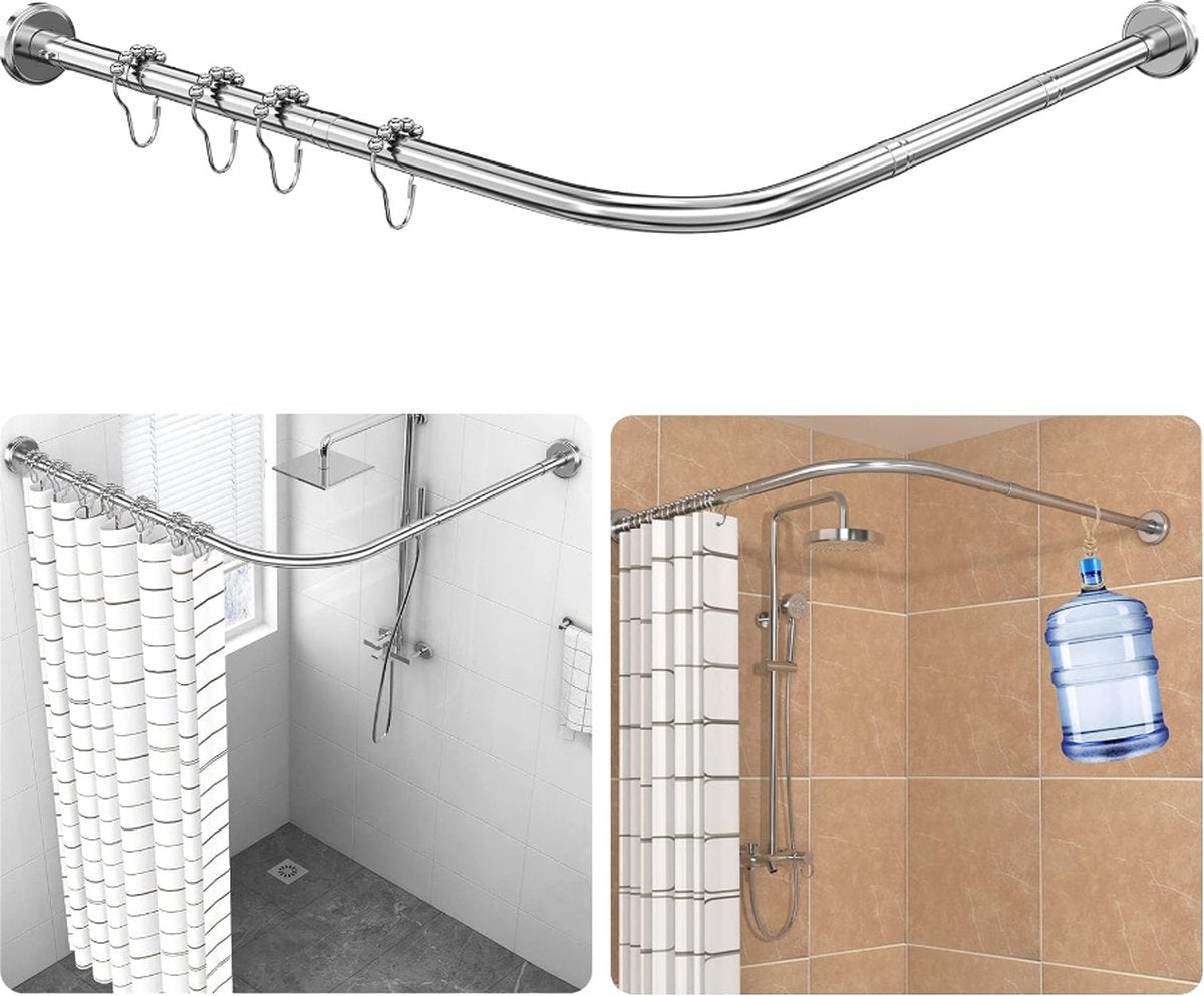 Douchegordijnstang Verstelbaar L-vormig incl. 24 ringen, douchegordijnhoekstang zonder plafondbevestiging uitschuifbaar, roestvrij, boorinstallatie, bad & douche (zilver, 90-120×90-120cm)