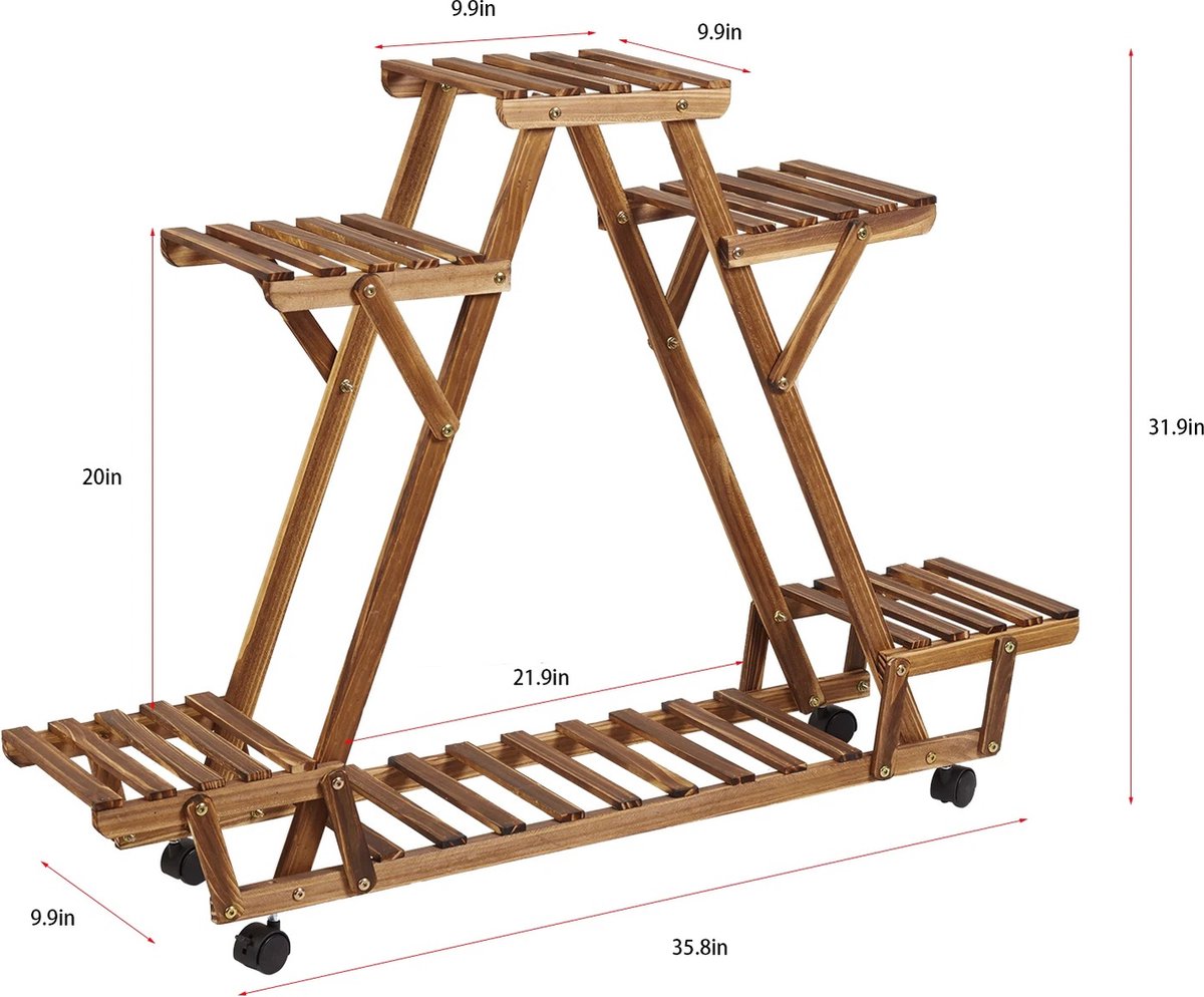 Plantenrek op wielen - Wandrek - Planten - Driehoek vorm - Ladderkast - 6 Planken - 6 Laags - Hout - Binnen/buiten