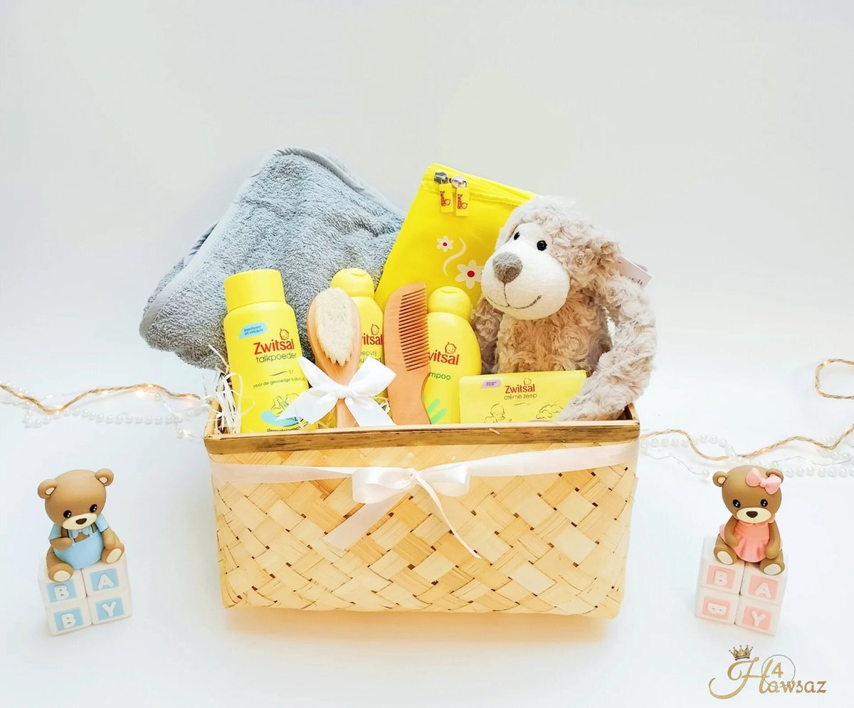 Kraamcadeau voor meisje en jongen 10 stuks - Hawsaz.nl Cadeau - Genderneutraal kraamcadeau - Geschenkset unisex - Babygeschenkset - Babyshower - Baby Knuffel - Gepersonaliseerde cadeaus - Badcape - Zwitsal Babyverzorging - Tweeling